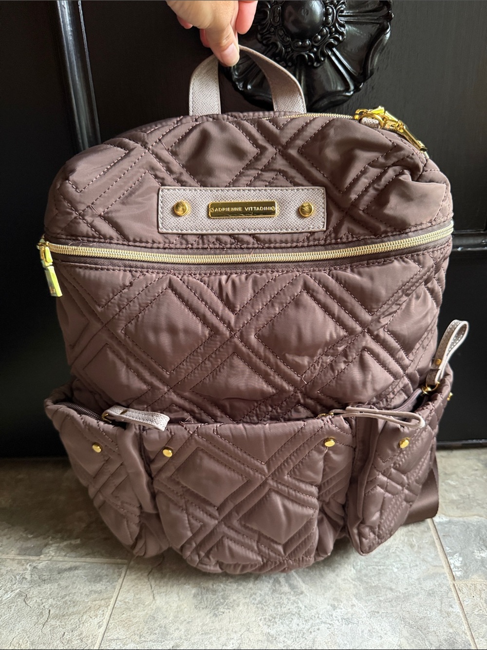 Adrienne Vittadini Quilted Brown Nylon Backpack with Gold Hardware